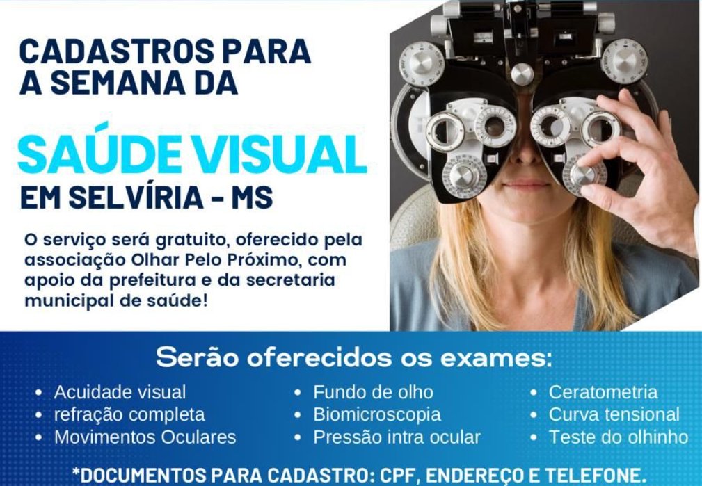 Prefeitura de Selvíria inicia cadastro para mutirão gratuito de consultas oftalmológicas gratuitas