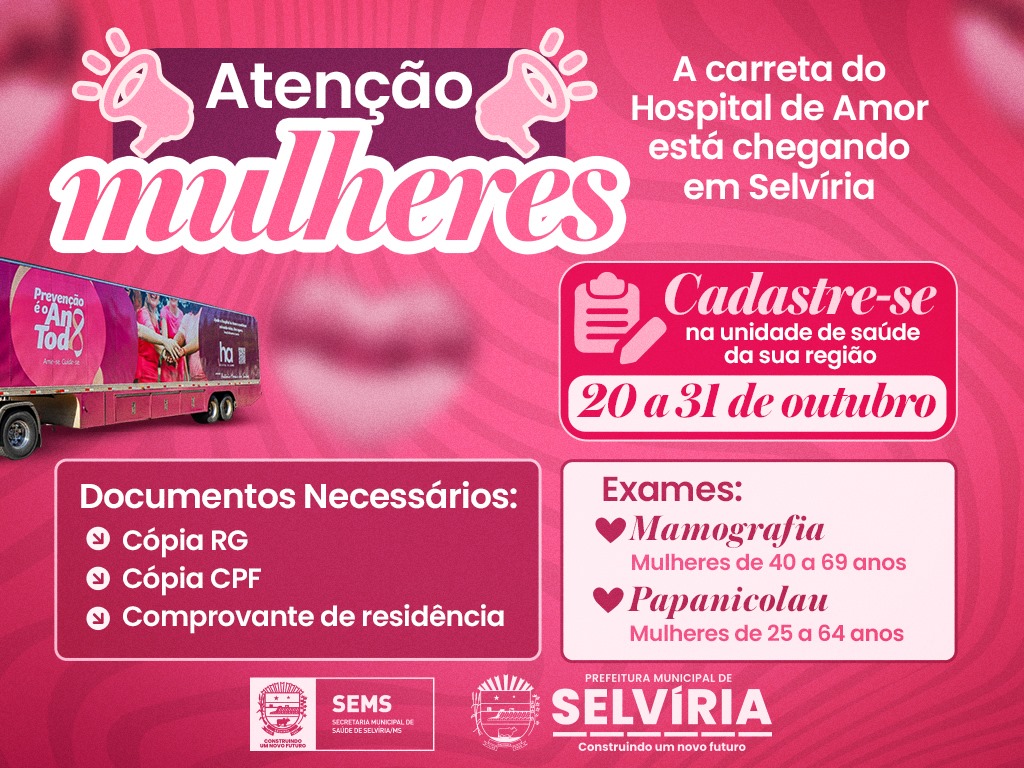 Selvíria: Agendamentos para exames de Papanicolau e mamografia na carreta do Hospital de Amor podem ser feitos até sexta
