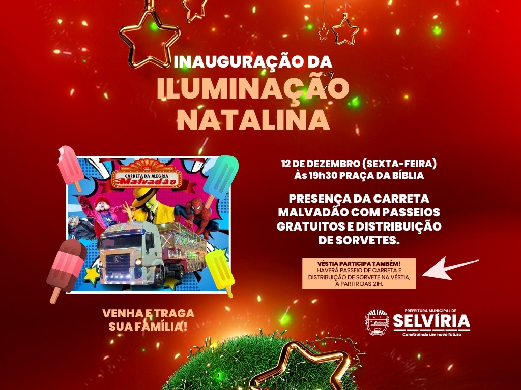 Inauguração da iluminação natalina de Selvíria terá carreta e distribuição de sorvetes